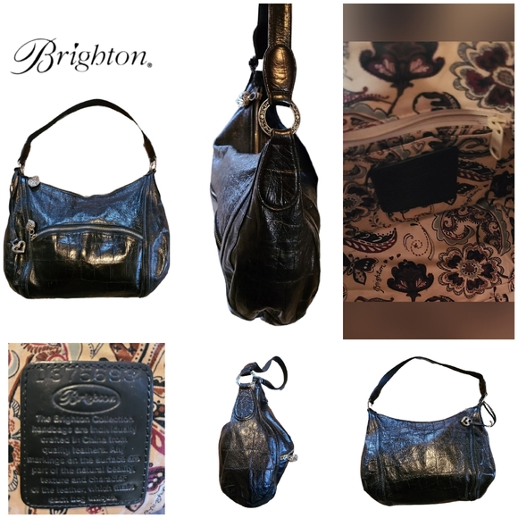 BRIGHTON BLACK EMBOSSED MOCK CROC HOBO BAG - Picture 2 of 7